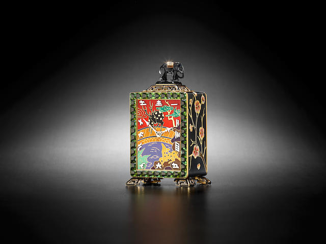 Black, Starr & Frost. A very fine Art Deco Chinoiserie 18K enameled gold, cabochon tourmaline, and carved hardstone boudoir timepiece1930's