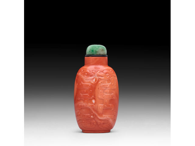 A CORAL 'KUILONG' SNUFF BOTTLE 18th Century, Possibly imperial, attributed to the Palace Workshops