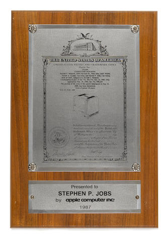 JOBS, STEVE. 1955-2011. Original patent award plaque presented to Steve Jobs by Apple on the occasion of his design for the design of the Macintosh case,
