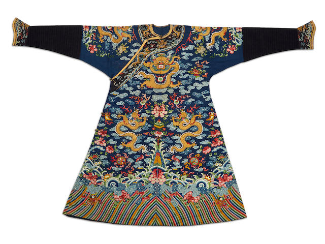 An embroidered blue silk gauze dragon robe Late Qing dynasty