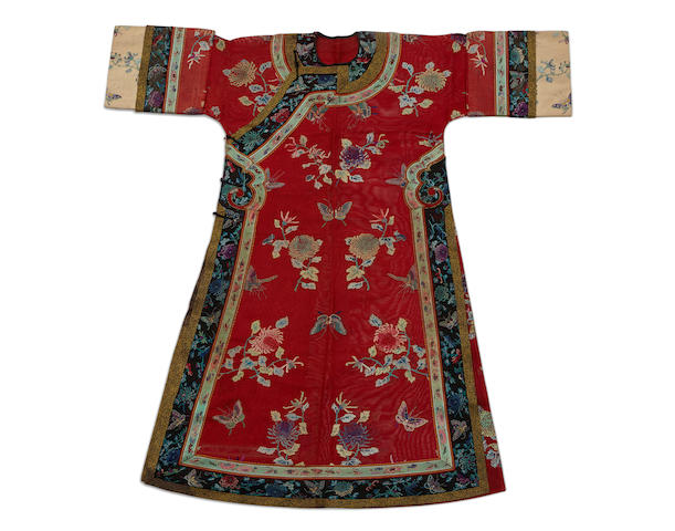 Bonhams : A Manchu woman's red gauze embroidered informal robe, changyi ...