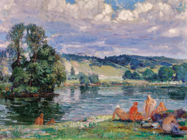 Joseph Kleitsch (1882-1931) Bathers Along the Seine, Vernon, France 28 x 34in overall: 38 1/2 x 44 1/2in (Painted in 1926)