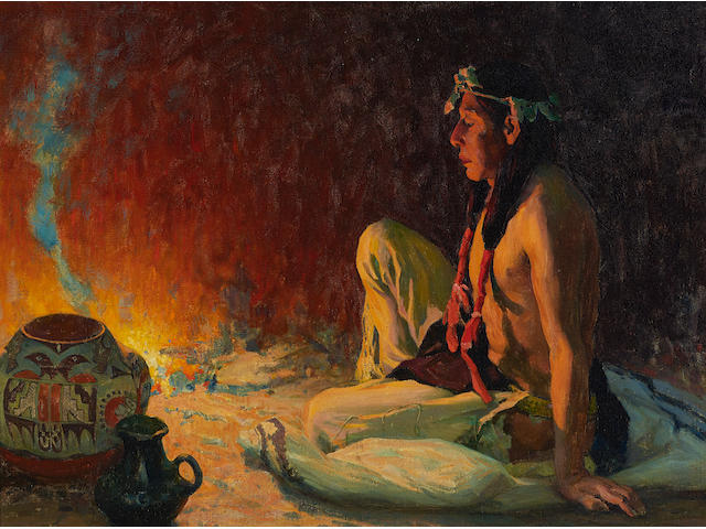 Eanger Irving Couse (1866-1936) Fireside Meditation  24 1/4 x 29 1/8in overall: 30 3/4 x 35 1/2in (in the artist's frame) (Painted circa 1928-1929)