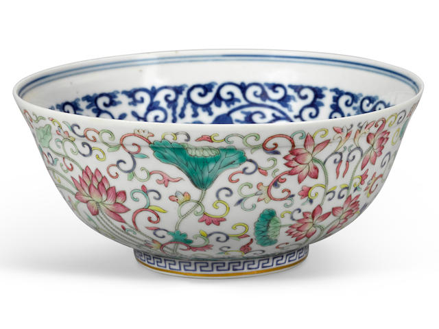 An underglaze blue and famille rose enameled lotus bowl Guangxu six-character mark and of the period
