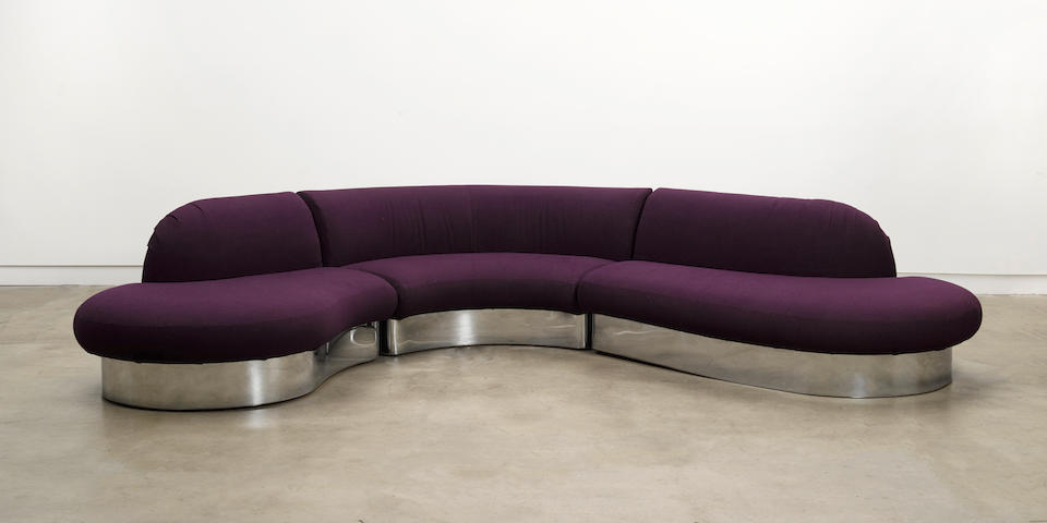 Milo Baughman (1923-2003) Sectional SofaThayer Coggin, circa 1970purple upholstery, chrome-plated steelwith paper manufacturer's label to underside 'Thayer Coggin, Inc. High Point, N.C.'with two red cushionsheight 32in (81cm); length 168in (426cm); depth approximately 94in (238cm)