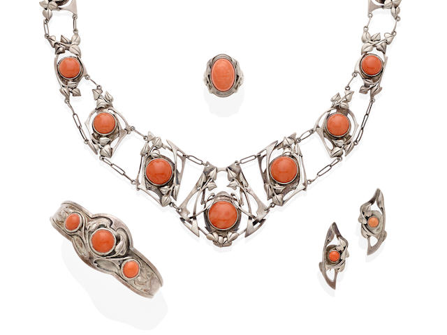 An Arts and Crafts coral and silver suite, Kalo,