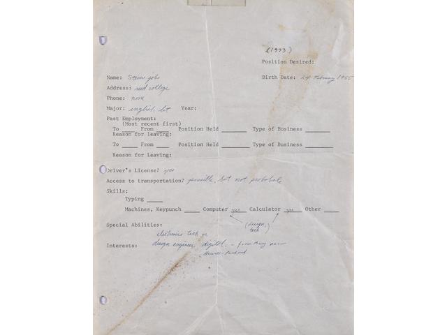 JOBS, STEVE. 1955-2011. Document Signed ("Steven jobs [sic]"), partially printed and accomplished in manuscript, 1 p, 4to, n.p., [1973], being an employment application for an unspecified position,
