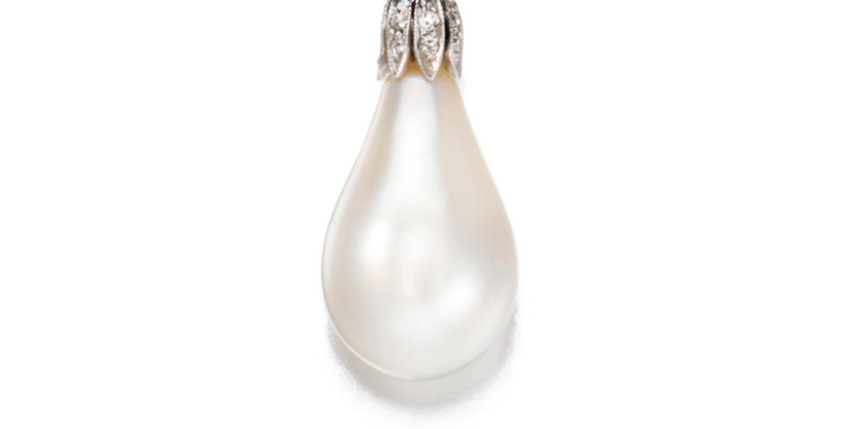 A natural pearl and diamond drop pendant