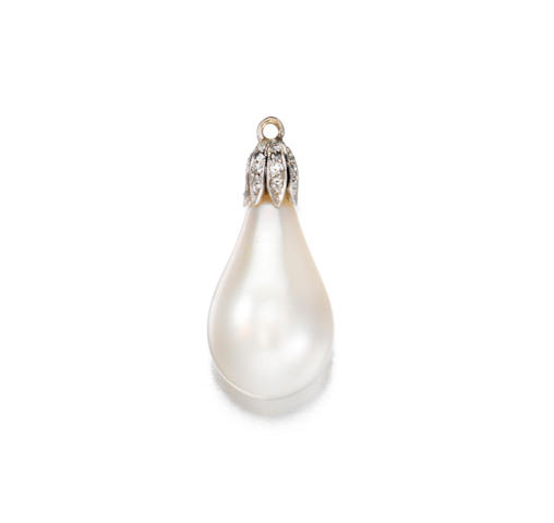 A natural pearl and diamond drop pendant