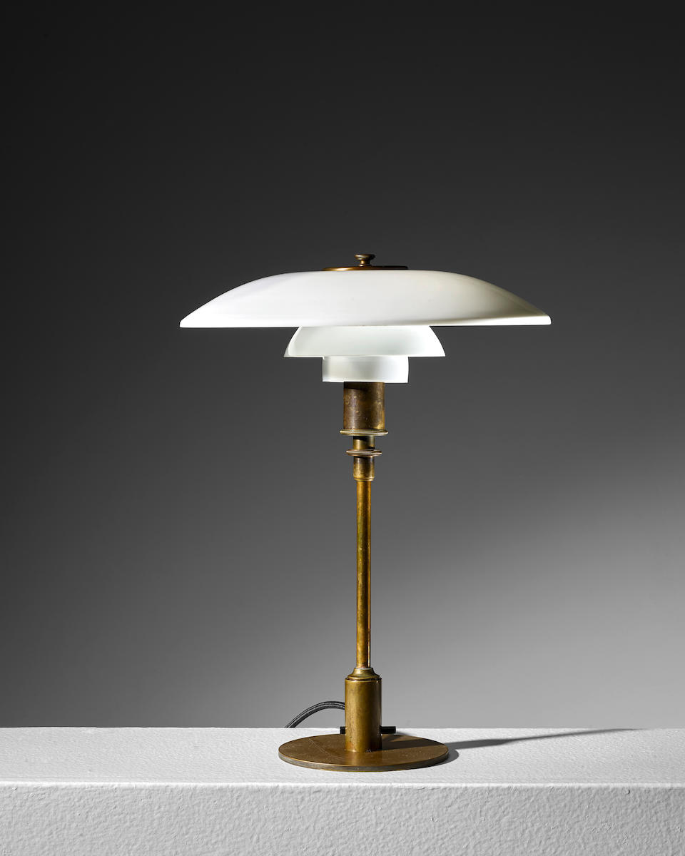 Poul Henningsen (1894-1967) Early Table Lamp, Type 3 &#189;/2  Shades1927-28for Louis Poulsen, brass, enameled brass, opal glass, stamped PAT.APPLheight 17 1/2in (44.5cm); diameter 13 1/2in (34.5cm)