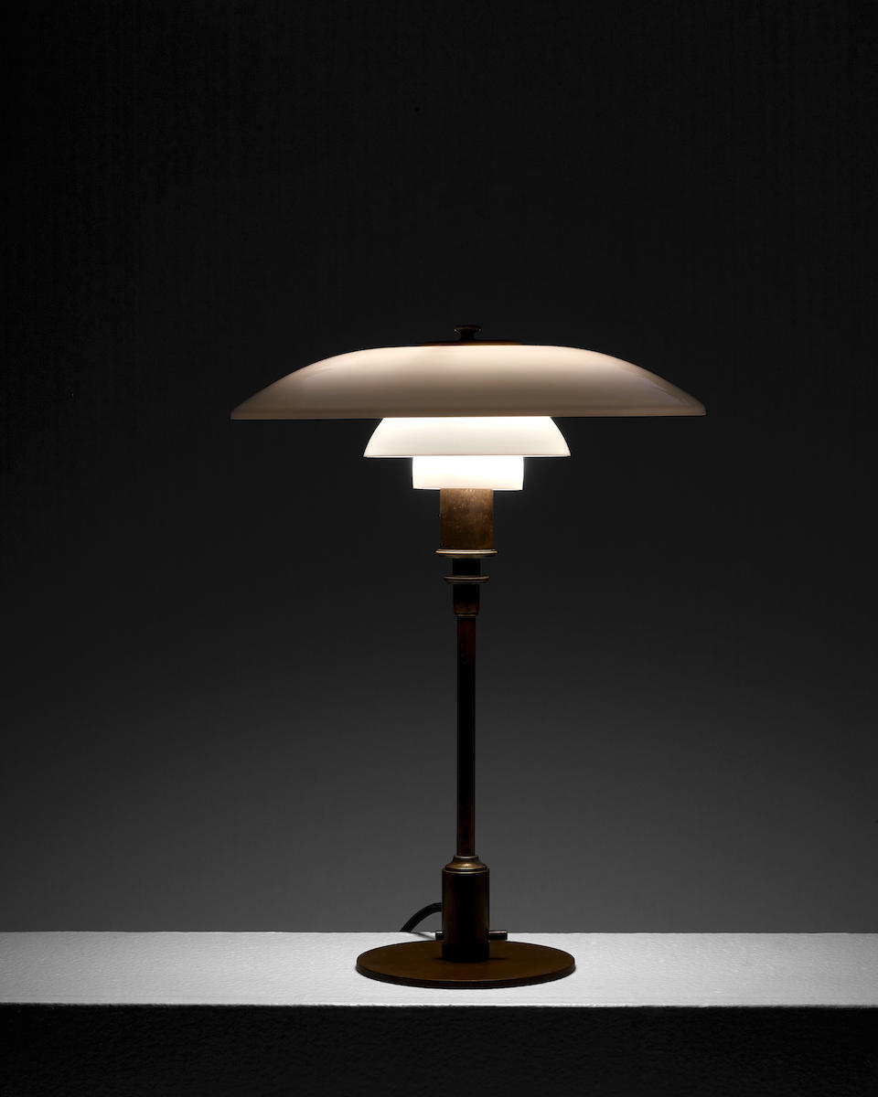 Poul Henningsen (1894-1967) Early Table Lamp, Type 3 &#189;/2  Shades1927-28for Louis Poulsen, brass, enameled brass, opal glass, stamped PAT.APPLheight 17 1/2in (44.5cm); diameter 13 1/2in (34.5cm)