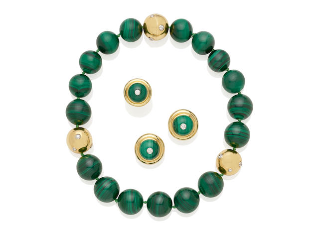 A malachite, diamond, 18K gold, and platinum necklace, earrings and ring set, Paloma Picasso for Tiffany & Co.
