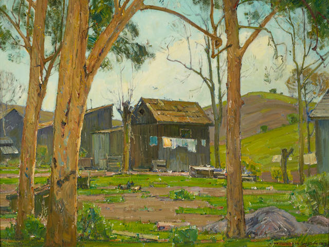 William Wendt (1865-1946) Wash Day at Wendt's Cabin in Trabuco Canyon 30 x 36in overall: 40 3/4 x 46 3/4in (Painted circa 1925)