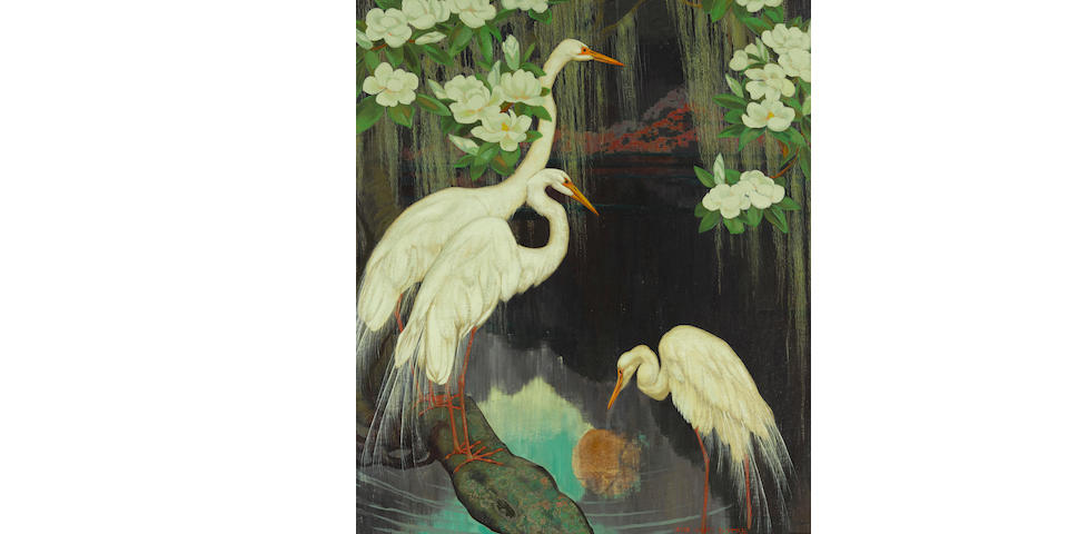 Jessie Arms Botke (1883-1971) Egrets 40 x 34in overall: 49 1/2 x 43 1/2in (Painted circa 1930)