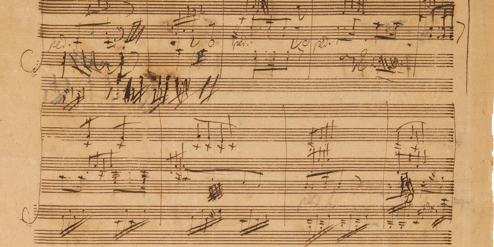 BEETHOVEN, LUDWIG VAN. 1770-1827. Autograph Musical Manuscript, sketch-leaf part of the score of the Scottish Songs, "Sunset" Op. 108 no 2,  2 pp,