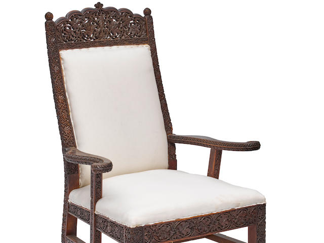 An Indian Craft Revival Carved Teakwood "Morris Chair" Attributed to Lockwood de Forest (American, 1850-1932) Probably made in Ahmedabad, India Circa 1880-1890