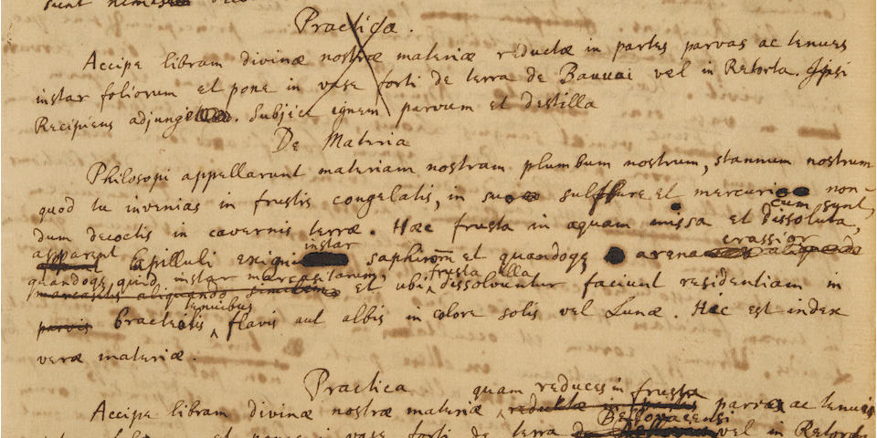 NEWTON, ISAAC. 1642-1727. Autograph Manuscript in Latin, being detailed instructions on making the philosopher's stone, titled on the upper wrapper "Opus Galli Anonymi,"