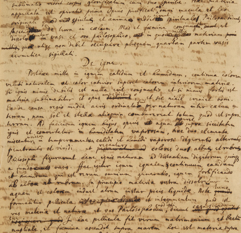 NEWTON, ISAAC. 1642-1727. Autograph Manuscript in Latin, being detailed instructions on making the philosopher's stone, titled on the upper wrapper "Opus Galli Anonymi,"