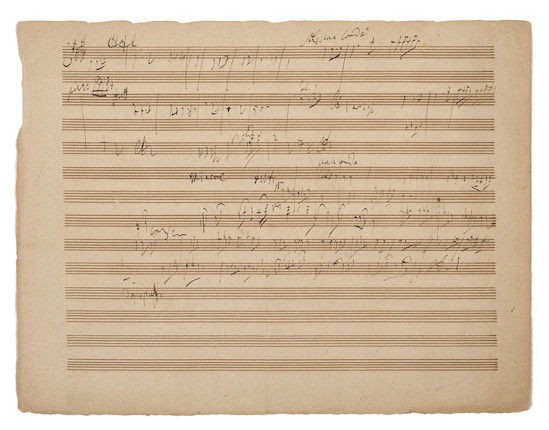 BEETHOVEN, LUDWIG VAN. 1770-1827. Autograph Musical Manuscript, 2 pp, oblong 4to (233 x 307 mm), Vienna, early 1809, ruled with 14-staves per page, image 1
