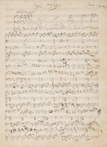 WAGNER, RICHARD. 1813-1883. Autograph Musical Manuscript, being the Prelude to Act III of Siegfried, with the first several bars of music, titled Siegfried Dritter Aufzug (Tribschen. 22 Juni 1869),