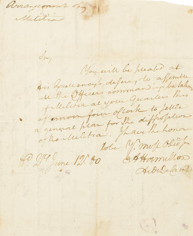 HAMILTON, ALEXANDER. 1757-1804.  Autograph Letter Signed ("A. Hamilton") 1 p, 8vo, bifolium, Hd. Qrs [Springfield, NJ,] June 12, 1780, to Baron de [von] Steuben,
