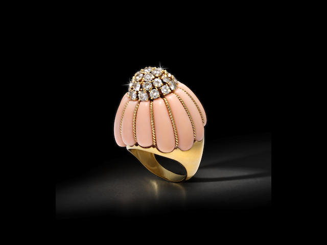 A coral, diamond, and 18k gold bomb&#233; ring,   Tiffany & Co.