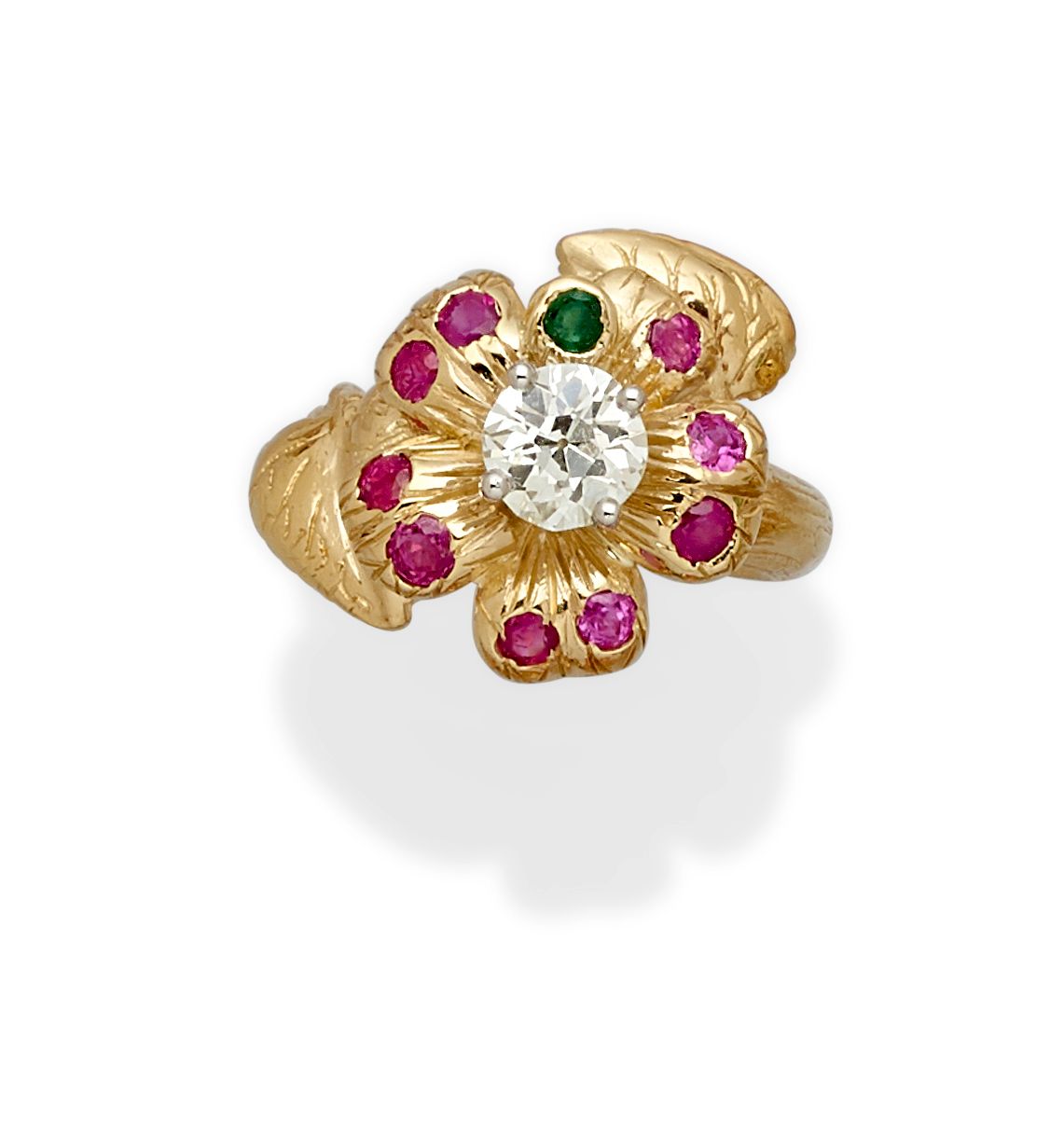 A ruby, emerald, diamond and 18k gold flower ring