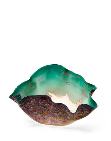 Dale Chihuly (born 1941) Phthalagreen Macchia with Blue Lip Wrap1985blown glassheight 19in (48cm); width 30 1/2in (77.5cm); depth 18in (46cm)