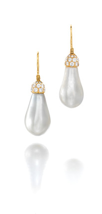A pair of natural pearl and diamond earrings, Harry Winston image 1
