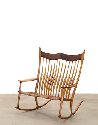Sam Maloof (1916-2009) Double Rocking Chair2006walnutbranded 'No.13 2006 Sam Maloof d.f.a risd M.J. L.W.'height 47 1/2in (120cm); width 42 1/8in (106cm); depth 45 7/8in (116cm) image 1
