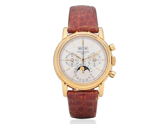 Patek Philippe. A fine 18K gold chronograph wristwatch with perpetual calendar and moon phaseRef: 3970 E, second series, 1990