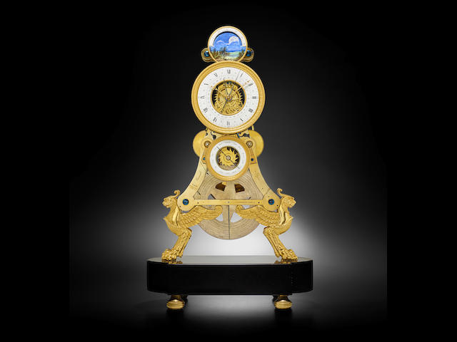 A fine Empire month going skeleton clock with calendar, moon phase and annual calendar indicating Equation of Time and time of sunrise and sunset signed 'Verneuil &#224; Dijon', circa 1810