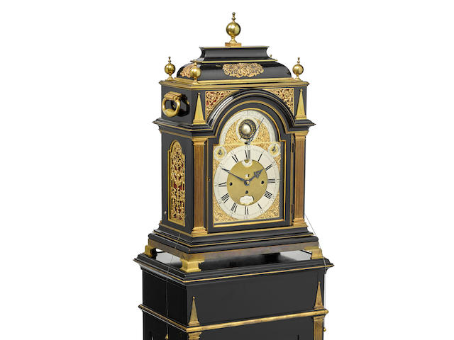 A fine brass mounted ebonized Dutch striking twelve-tune musical turntable base clock and a matching plinth Signed Roger Dunster, London, second quarter 18th century, the base later