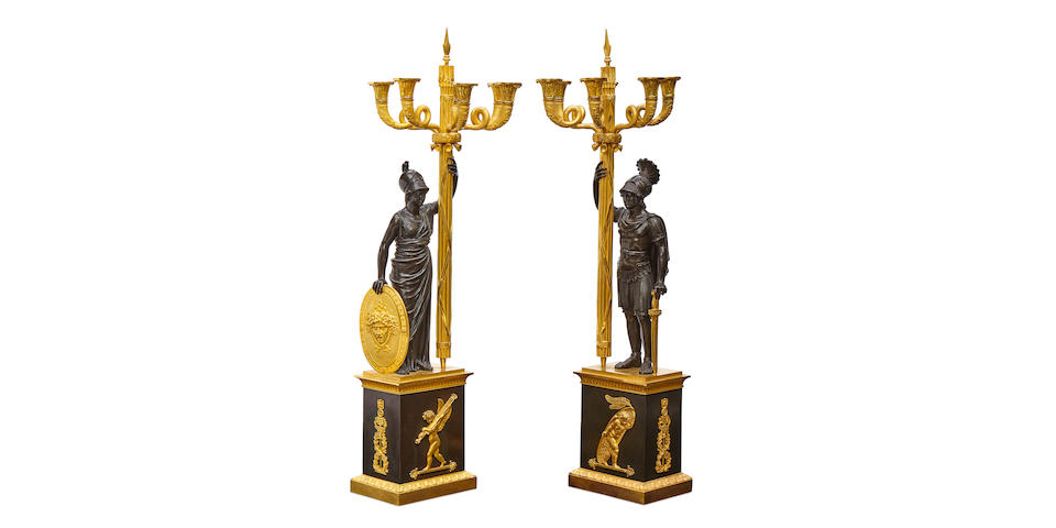 An impressive pair of Empire gilt and patinated bronze figural six light candelabra after a model by G&#233;rard-Jean Galle possibly Baltic, circa 1820