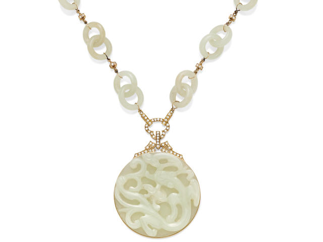 A Carved Nephrite, Diamond and 18k Gold Necklace