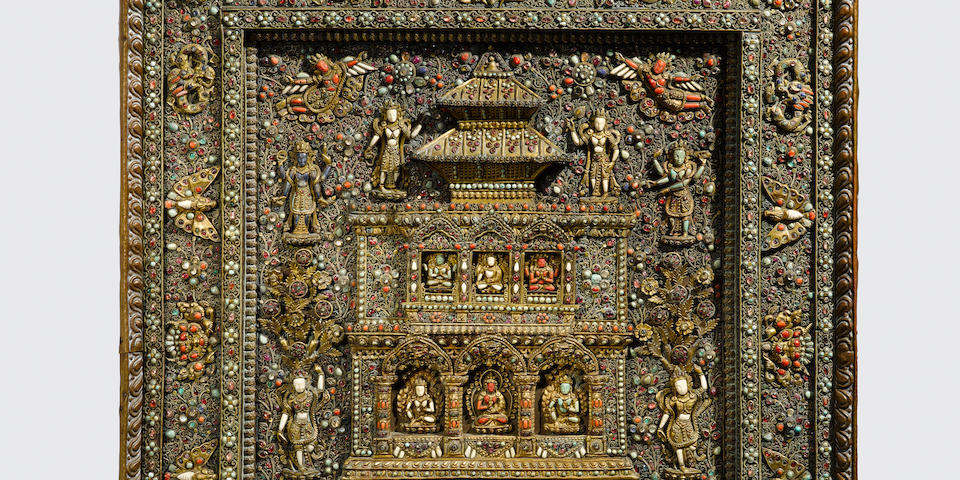 A large gilt-metal filigree and inset stone votive plaque Nepal, 19th/20th century