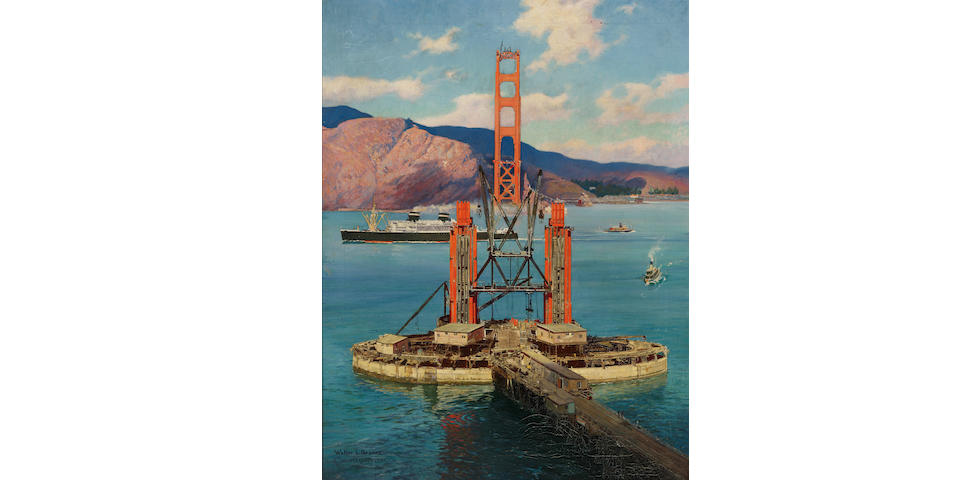 Walter L. Greene (1870-1956) The construction of the Golden Gate Bridge 26 1/4 x 20 1/4in overall: 27 1/2 x 21 1/2in (Painted circa 1935)