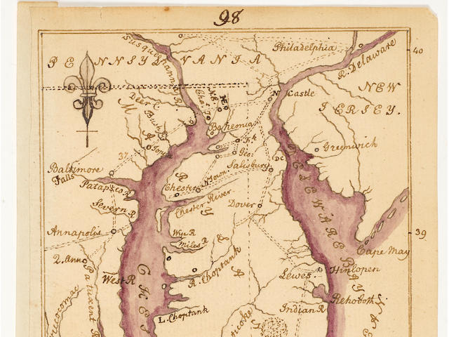 CONTEMPORARY MANUSCRIPT MAP OF THE MASON DIXON SURVEY. Manuscript map titled in cartouche, "A Map of that Part of AMERICA where a degree of LATITUDE was measured for the ROYAL SOCIETY, by Chas Mason & Jer: Dixon,"