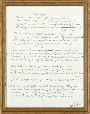 THE ORIGINAL HANDWRITTEN LYRICS TO ELTON JOHN'S "YOUR SONG" with "The Songs of Elton John and Bernie Taupin" book of sheet music and Captain Fantastic graphic novel