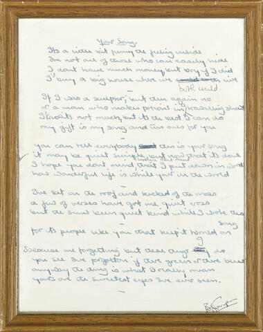 Bonhams The Original Handwritten Lyrics To Elton John S Your Song With The Songs Of Elton John And Bernie Taupin Book Of Sheet Music And Captain Fantastic Graphic Novel