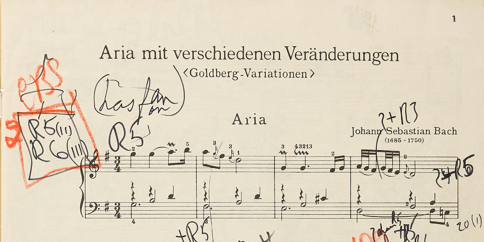 GOULD, GLENN. 1932-1982. Glenn Gould's extensively annotated copy of Bach's Goldberg Variations ("Klavier&#252;bung IV.Teil Aria Mit verschiedenen Ver&#228;nderungen 'Goldberg-Variationen',"