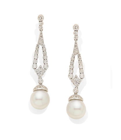 Bonhams : A pair of cultured pearl, diamond and 18k white gold ear pendants
