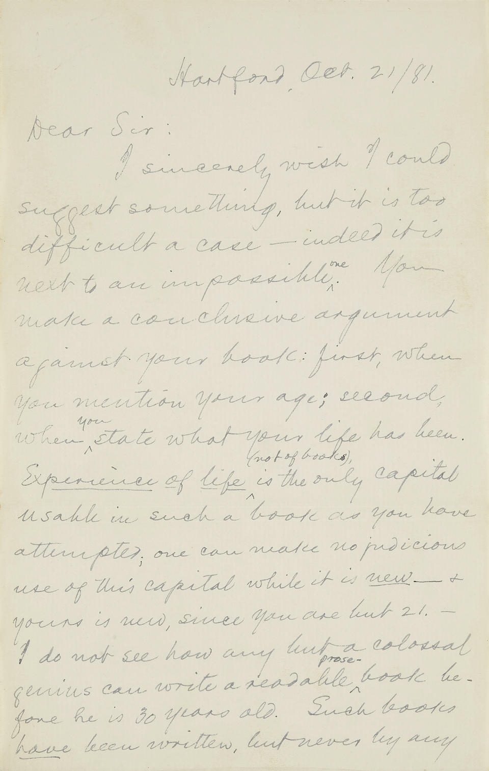 CLEMENS, SAMUEL LANGHORNE. 1835-1910. Autograph Letter Signed ("S.L. Clemens") to Bruce W. Munro, offering extensive hard-earned advice on writing to a young author,
