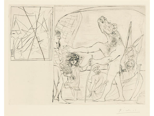 Pablo Picasso (1881-1973); Minotaure aveugle guid&#233; par une petite fille aux fleurs, from La Suite Vollard;