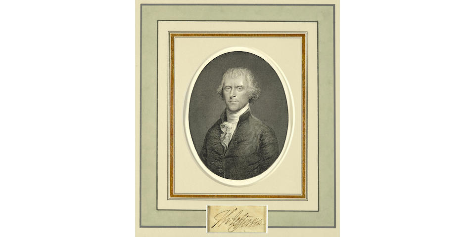 JEFFERSON, THOMAS. 1746-1826. Clipped signature, ("Th: Jefferson"), 21 x 57 mm (viewable),