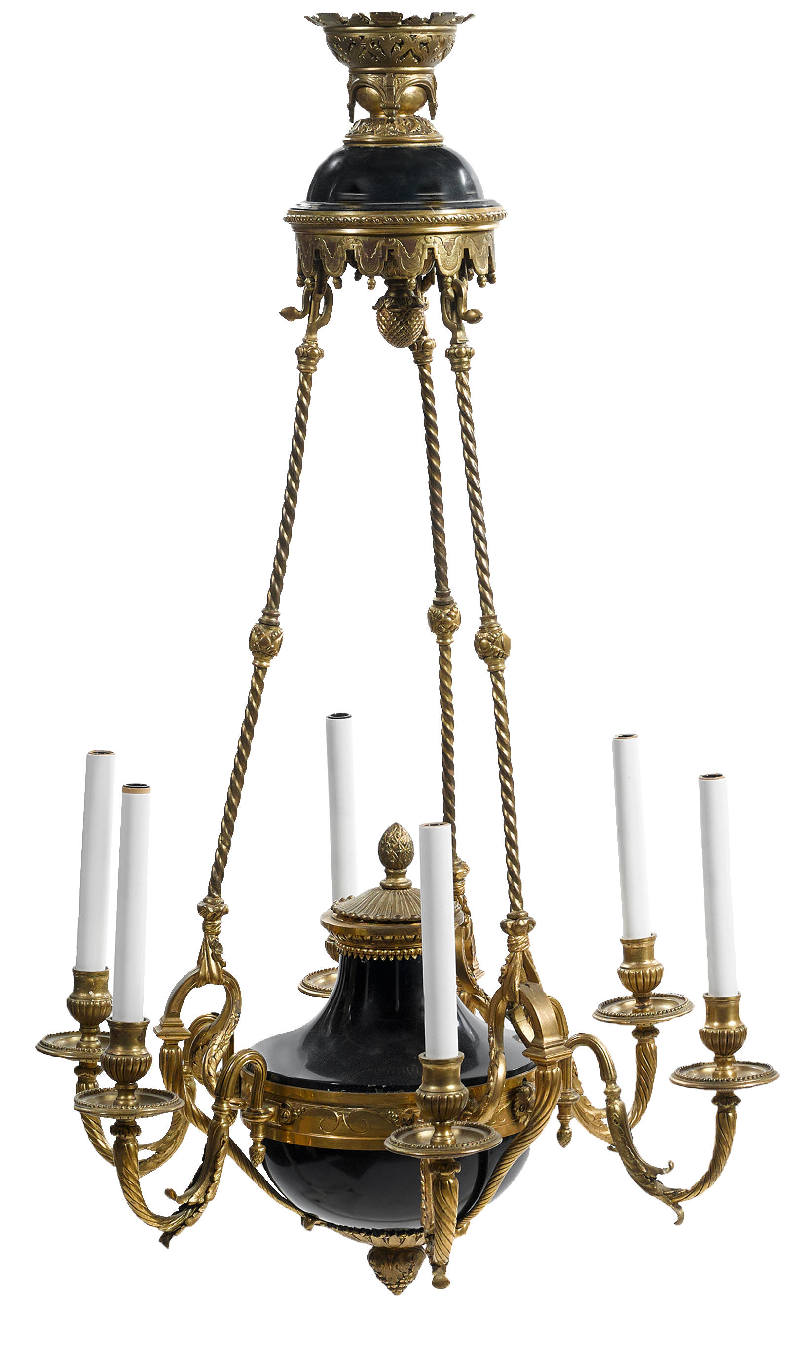 A Charles X style gilt bronze and blue enamel six light chandelier