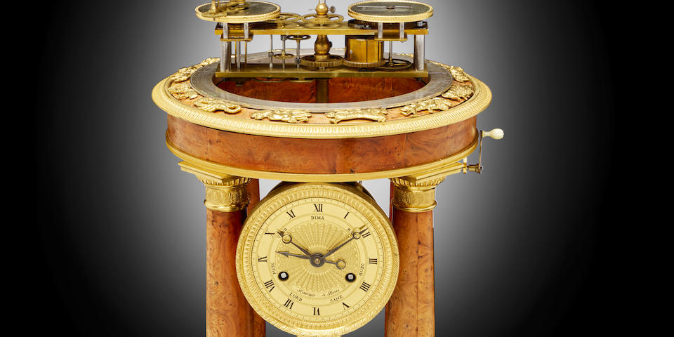 A fine ormolu mounted amboyna orrery clock Raingo &#224; Paris, First quarter 19th century