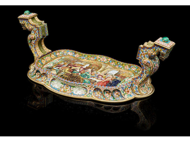 A rare and highly important silver-gilt and shaded enamel tray for calling cardsattributed to Fedor R&#252;ckert, with stamp of retailer Kurlyukov, Moscow, circa 1900