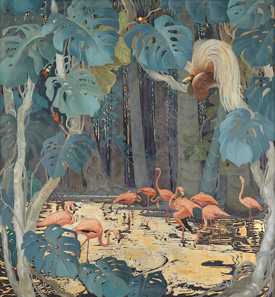 Jessie Arms Botke (1883-1971) Flamingos and Tropical Birds 52 x 48in overall 57 x 52in image 1