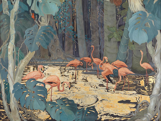 Jessie Arms Botke (1883-1971) Flamingos and Tropical Birds 52 x 48in overall: 57 x 52in